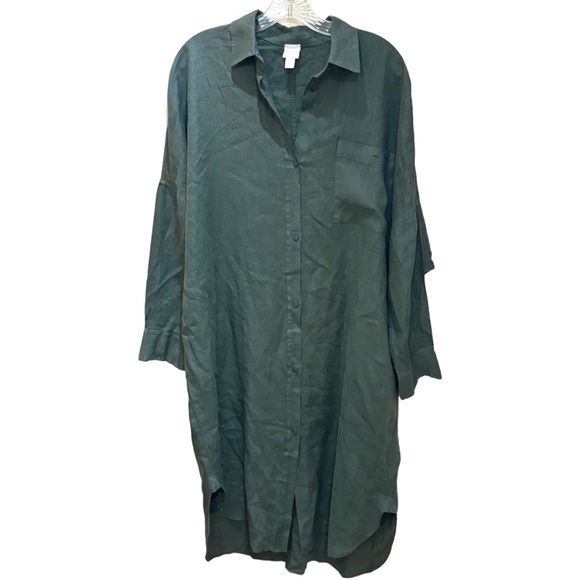 MaxMara Procida Long Sleeve Flax Linen Shirt dress In Dark Green - Picture 3 of 5